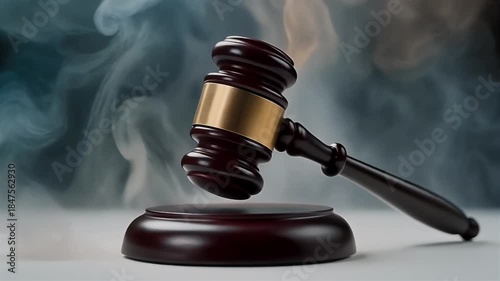 A wooden gavel with smoke and law concept.