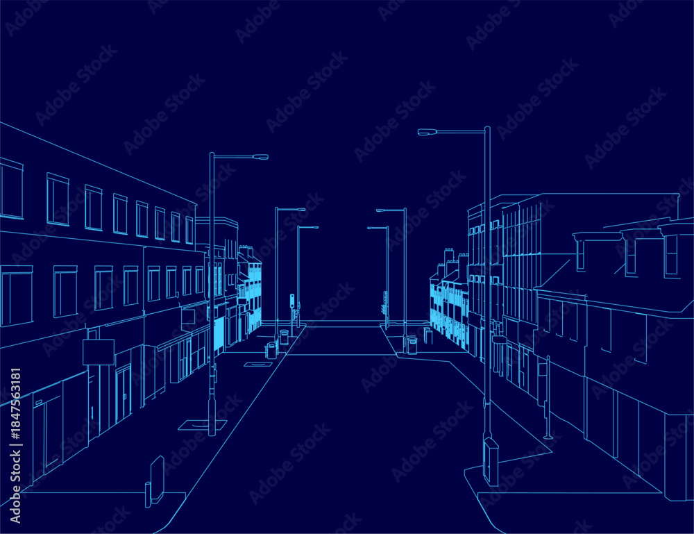 Fototapeta premium A blue contour line drawing depicts a quiet town street at night, flanked by buildings and illuminated by light poles.
