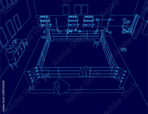 A blueprint-style boxing ring with a central punching bag, surrounded by training equipment and furniture on a deep blue background. The clean contour lines illustrate a comprehensive gym layout.