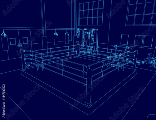 A blueprint-style contour drawing of a boxing ring inside a gym, featuring punching bags and windows against a deep blue background for training concepts.