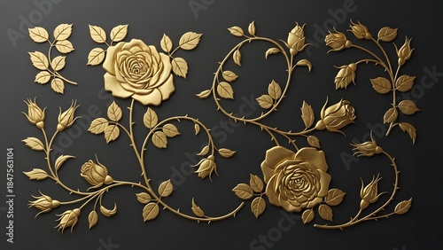An intricate bas-relief pattern of golden rose vines and flowers on a dark surface