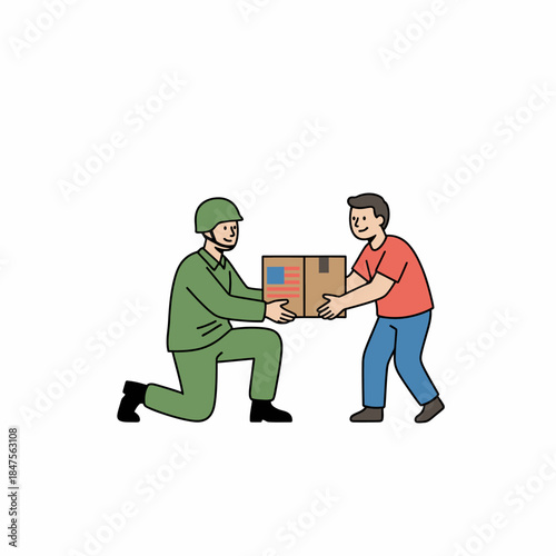 A flat vector illustration showing a soldier handing a donation box to a civilian, symbolizing humanitarian aid, support, and social assistance.