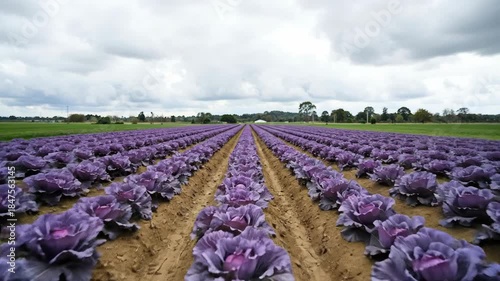 Purple cabbage rows stretch across a cloudy farm landscape.