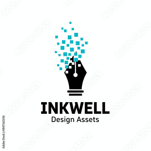 Creative design assets logo featuring a fountain pen transforming into digital pixels, symbolizing the blend of traditional art and modern design.