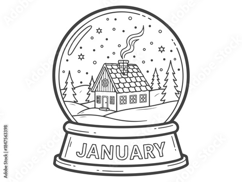 A charming black and white illustration of a snow globe depicting a cozy house with smoke coming from the chimney, surrounded by snow-covered trees and hills, with the word "JANUARY" on the base.