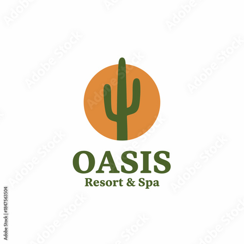 Minimalist resort logo with a cactus icon and warm desert tones, representing relaxation, nature, comfort, and a peaceful oasis resort experience