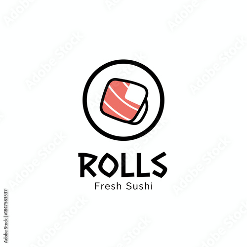 Minimalist sushi logo featuring a fresh salmon roll icon inside a clean circle, representing modern Japanese cuisine, freshness, simplicity, and quality food branding.