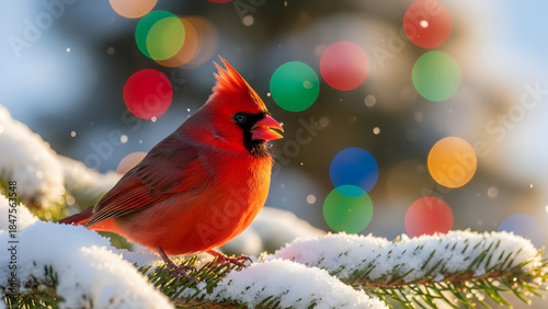 Winter Cardinal with Christmas Lights Glow