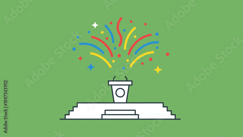 A flat line-art illustration of a white podium on a tiered platform with colorful confetti bursting above it, set against a green background.