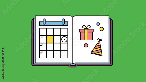 An open planner showing a calendar with a highlighted date and a page with birthday party celebration items like a gift, hat, and confetti.