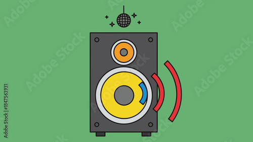 A large black speaker with a yellow woofer and orange tweeter, emitting sound waves, with a disco ball above it, on a green background.