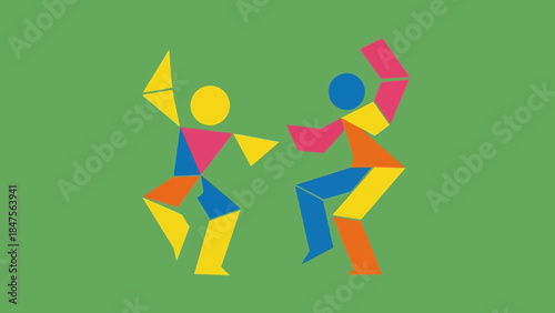 Two abstract geometric figures in vibrant colors dancing on a solid green background, representing movement and joy.
