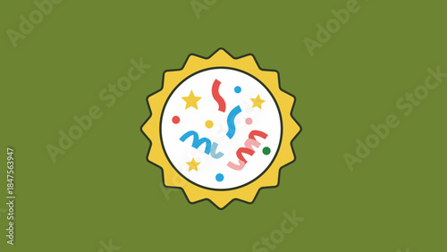 A festive circular emblem with colorful confetti and stars on a white background, set against an olive green backdrop.