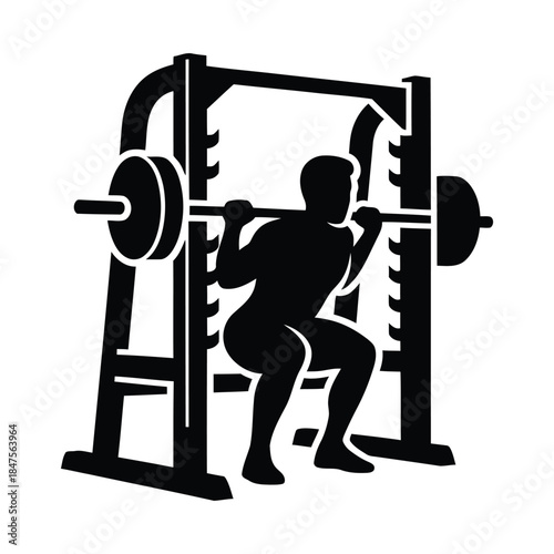 Squat workout with barbell rack cage silhouette