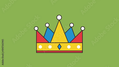 A stylized, colorful crown illustration with red, blue, and yellow elements on a green background.
