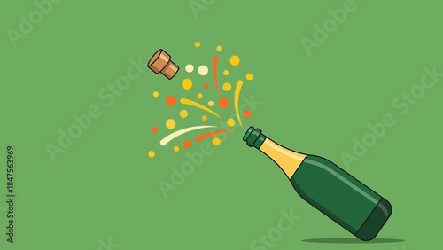 Champagne bottle popping with cork flying and colorful confetti exploding on a green background, symbolizing celebration and joy.