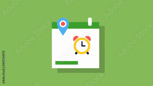 Calendar with a location pin and an alarm clock, symbolizing scheduling and time management.