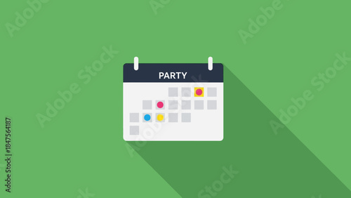 A flat design illustration of a calendar icon with "PARTY" text and various dates marked with colorful dots on a green background.