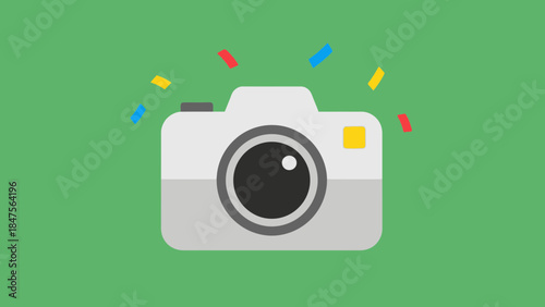 A minimalist flat design illustration of a camera with colorful confetti-like elements radiating from above, set against a vibrant green background.