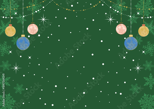 超シンプルクリスマス背景、かわいい、雪、オーナメント、緑、横、イラスト