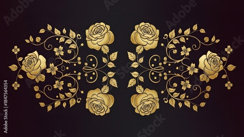 An elaborate and luxurious symmetrical pattern featuring golden rose blossoms and intricate vines