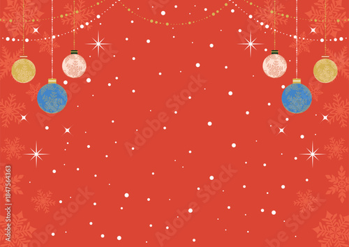 超シンプルクリスマス背景、かわいい、雪、オーナメント、赤、横、イラスト