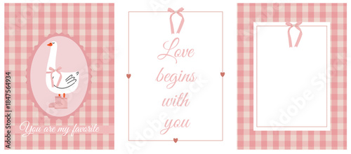 A set of cute pink cards with bows and a funny goose on a checkered background