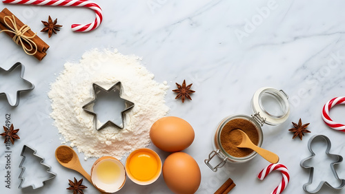 Christmas Baking Ingredients on Marble Background
