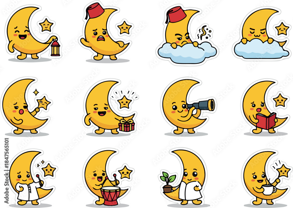 Naklejka premium Cute Moon Character Emoticons for Ramadan and Islamic Greetings