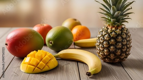 Fresh tropical fruits arranged on a wooden table with a pineapple, mango, bananas, and other colorful fruits.