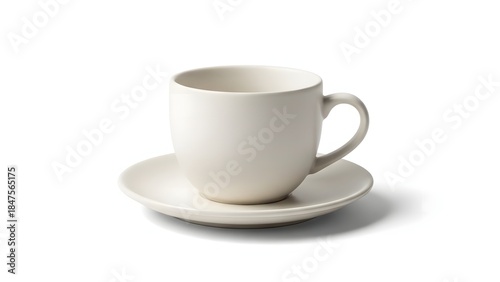 White ceramic coffee cup on a matching saucer against a plain white background