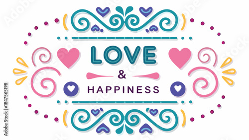 Vibrant love and happiness themed colorful heart design with swirling patterns and dots in teal pink purple yellow