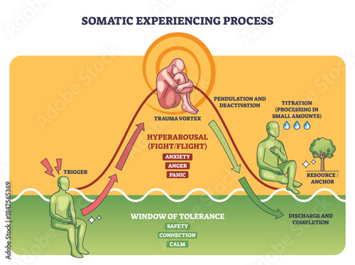 Somatic experiencing process outline, trauma vortex atop an arousal curve, with figures and arrows guiding pendulation and titration within the window of tolerance. Outline diagram