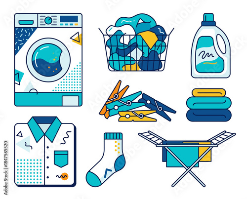 Vector illustration set of laundry and cleaning items in a grid layout