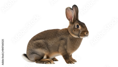 Isolated brown bunny rabbit sitting with alert ears in studio, domesticated pet animal