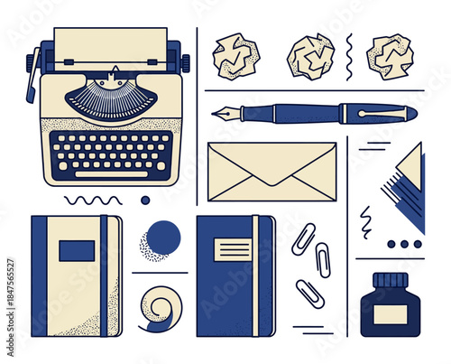 Vector illustration of office supplies in a grid layout, showcasing stationery items, creative elements, and corporate style.