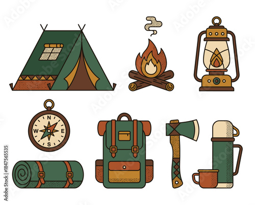 Camping gear set arranged in knolling layout, vector illustration of tent, backpack, and accessories