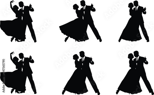 Elegant ballroom dance couple silhouettes performing classic tango waltz poses isolated black vector illustration set for music dance design
