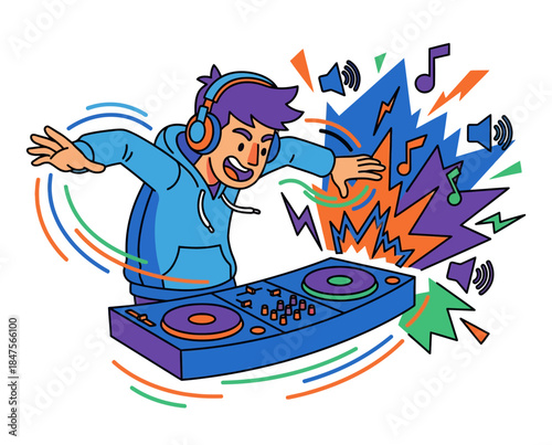 Energetic DJ with Headphones Playing Music on Turntables, Surrounded by Sound Waves and Colorful Lights, Creating an Electric Atmosphere at a Party or Event