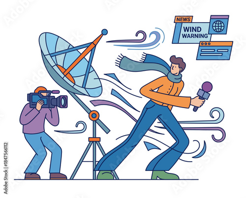 Journalist reporting live in strong winds with satellite dish and camera crew, wind warning sign illustration