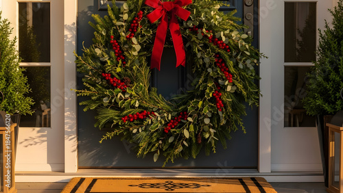 Festive Christmas Wreath on Blue Front Door