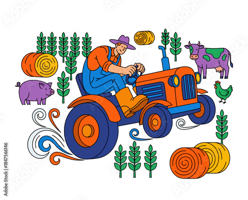Vibrant illustration of a farmer operating a tractor amidst a stylized farm scene with animals and hay bales