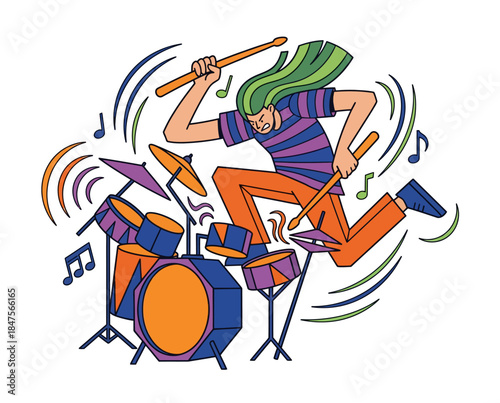 Energetic Drummer Playing Drums with Long Green Hair in a Dynamic Action Pose Illustration