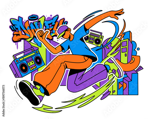 Energetic urban dancer in dynamic, exaggerated pose, vibrant flat vector art amidst street art, graffiti, and music, capturing youthful expression