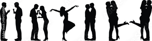Elegant ballroom dance couple silhouettes performing classic waltz tango poses isolated on white background for wedding romance celebration vector design