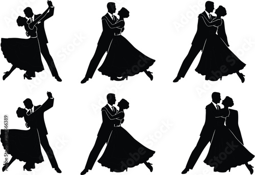 Elegant ballroom dance couple silhouettes set featuring classic waltz tango poses isolated black vector illustration for romantic dance design projects