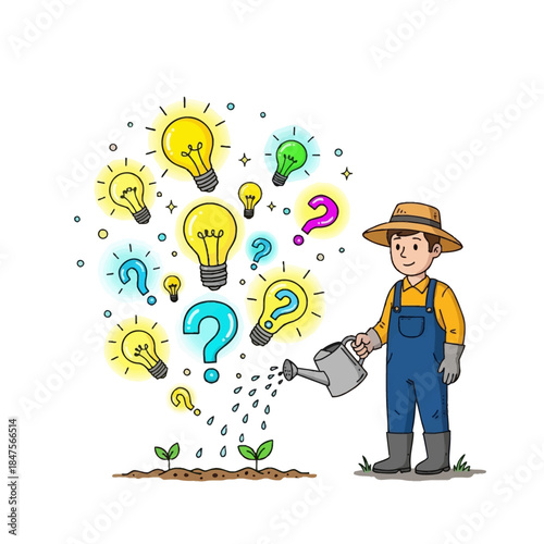 Farmer watering seedlings with lightbulbs and question marks symbolizing idea generation problem solving innovation growth nurturing concepts learning development and creative thinking