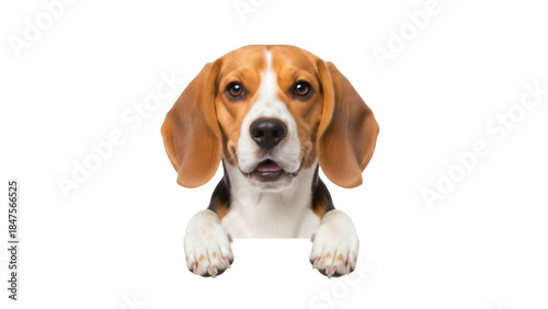 Isolated adorable Beagle dog head shot peering over imaginary surface looking at camera