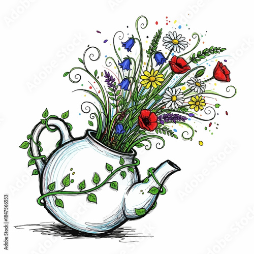 Whimsical teapot overflowing with vibrant wildflowers and green vines illustration colorful spring garden nature art design concept