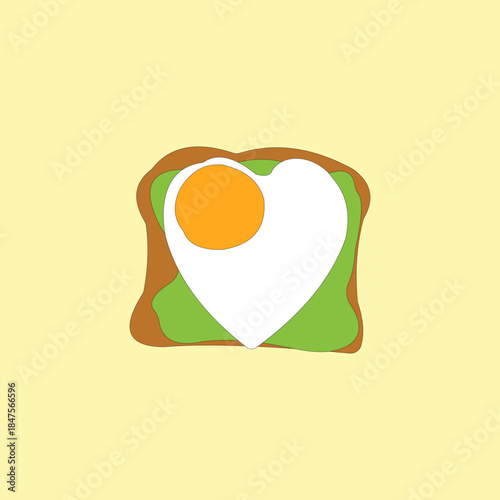Avocado toast with heart shaped fried egg vector illustration. Healthy breakfast